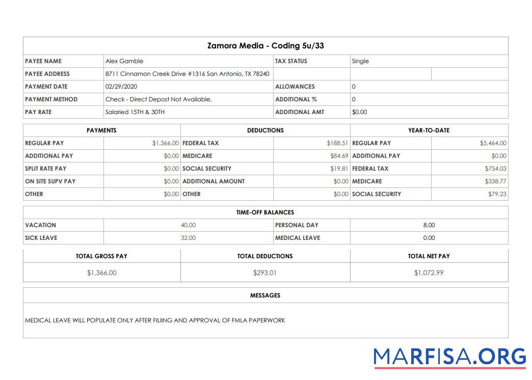 Downloadable Zamora Media Coding pay stub template